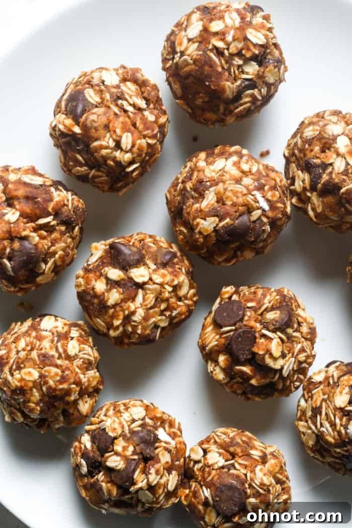 Neatly rolled snack bites made with oats, peanut butter, and chocolate chips.