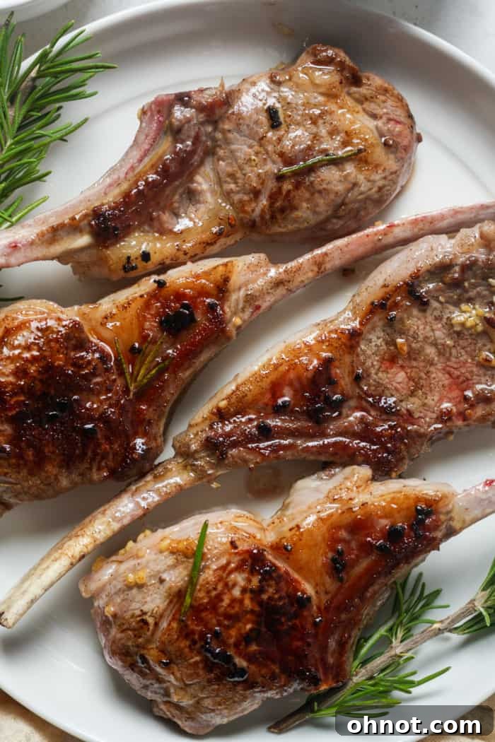Perfectly pan-seared lamb lollipops on a serving platter, garnished with fresh rosemary.