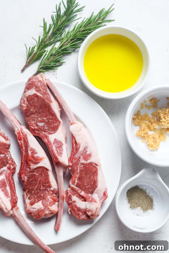 Assorted fresh ingredients for making lamb lollipops, including lamb chops, rosemary, garlic, and olive oil.