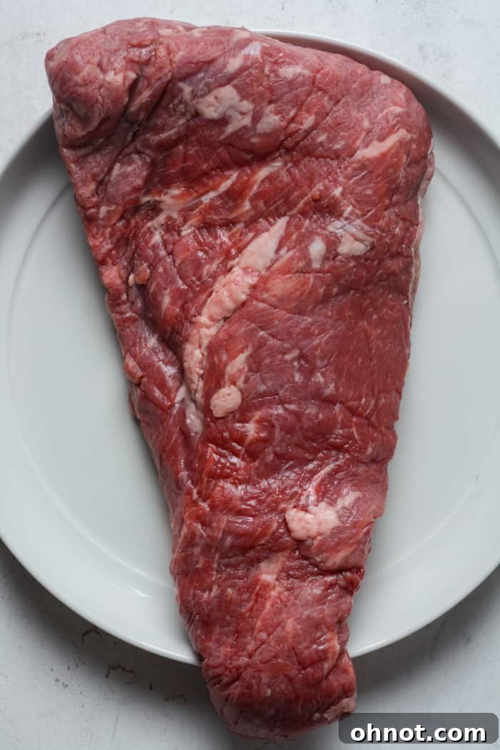 Tri tip steak on plate.