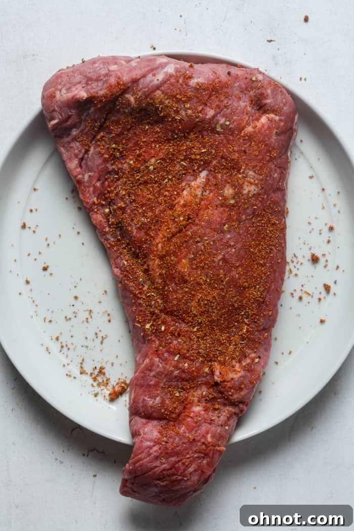 Seasoned triangle steak.