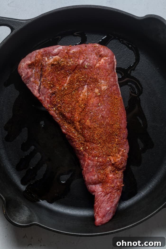 Piece of meat in cast iron skillet.
