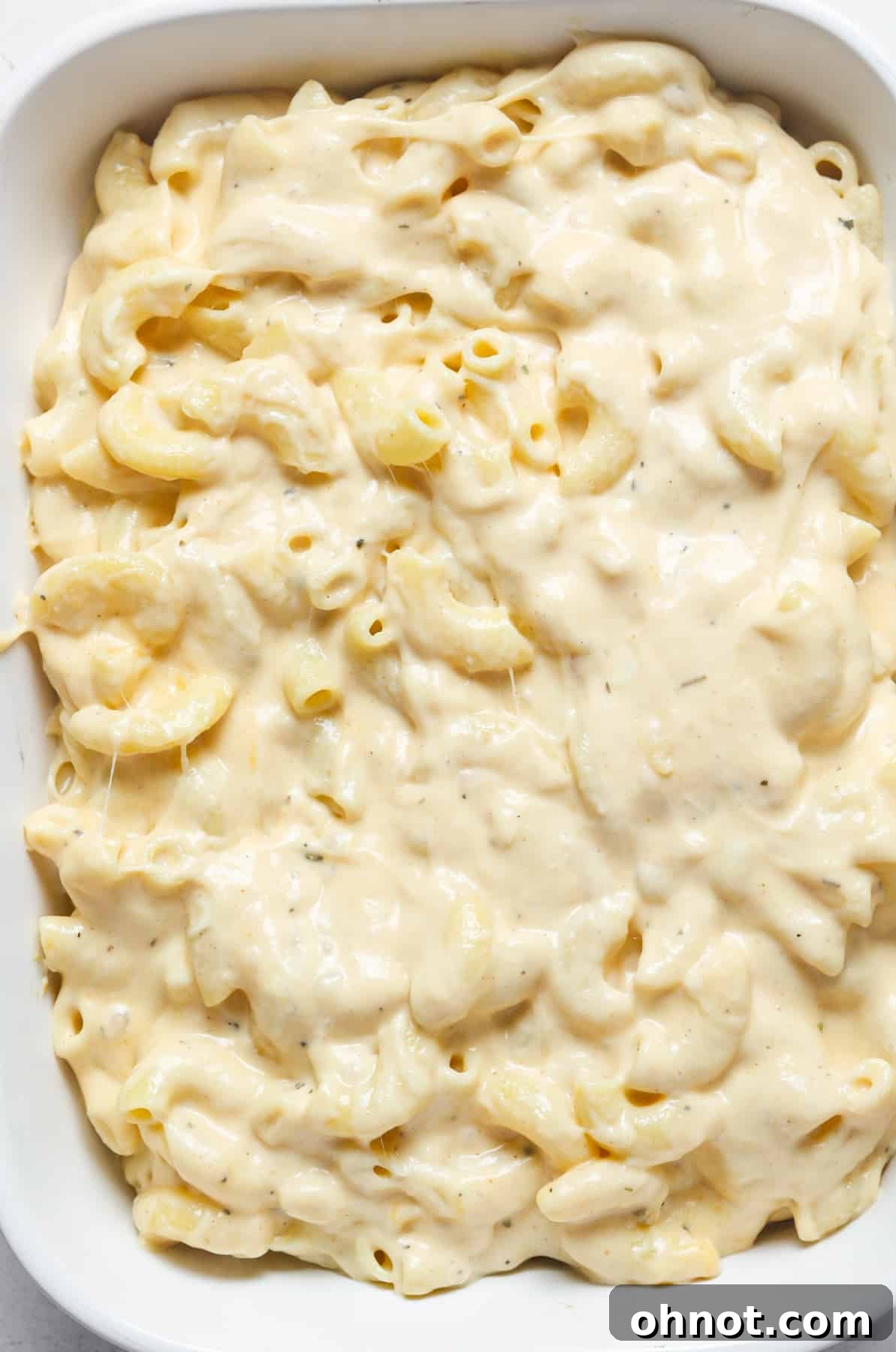 Creamy macaroni and cheese mixture transferred into a greased baking pan, ready for the final touches.