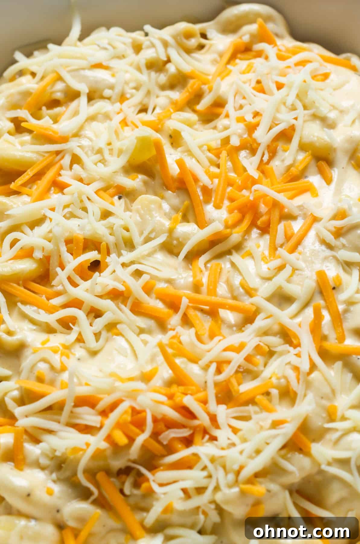 A close-up of the macaroni and cheese casserole topped with an abundant layer of shredded cheese, poised for baking.