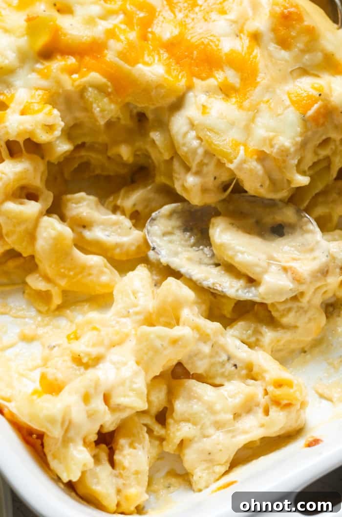 A large, rustic serving of Southern style baked mac and cheese, steam rising, inviting a comforting meal.