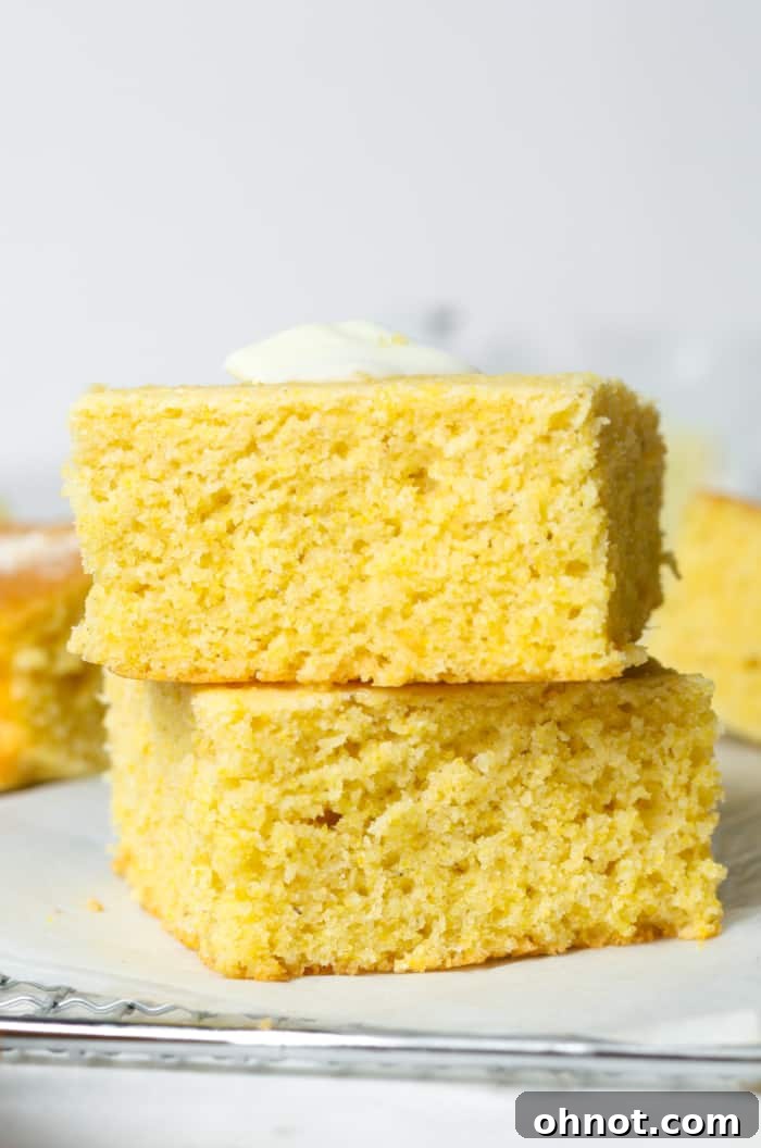 A perfectly golden, soft, and moist slice of gluten-free cornbread ready to be served, capturing its delicious texture and inviting aroma.