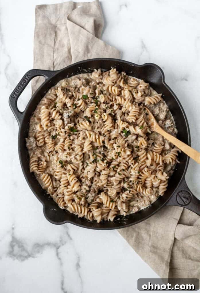 Paleo-friendly beef stroganoff simmering in a skillet, showcasing the creamy texture.