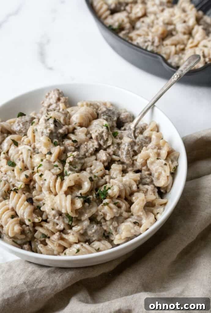 Creamy dairy-free beef stroganoff served with gluten-free pasta in a bowl.