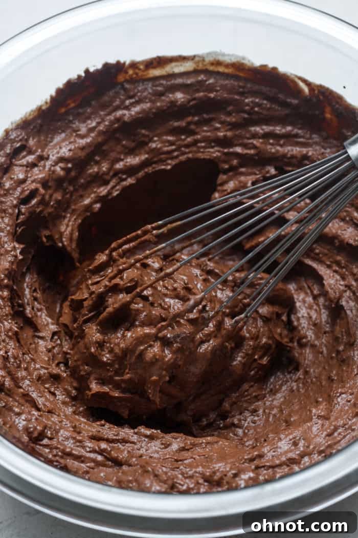 Thick, dark brownie batter made with Greek yogurt and melted chocolate, ready for the next ingredients.