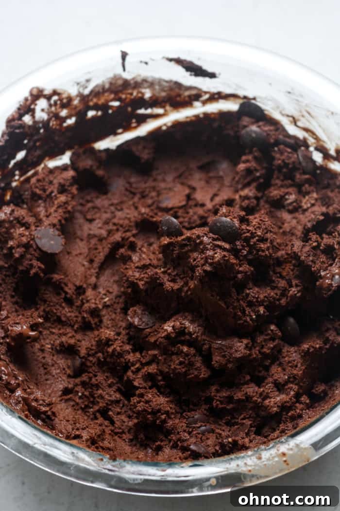 Double chocolate brownie batter, with chocolate chips folded in, showing its thick and decadent consistency.