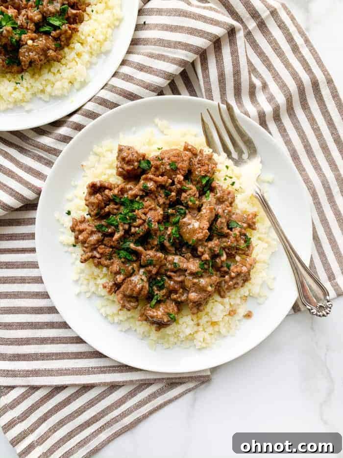 Creamy Whole30 Beef Stroganoff served over cauliflower rice