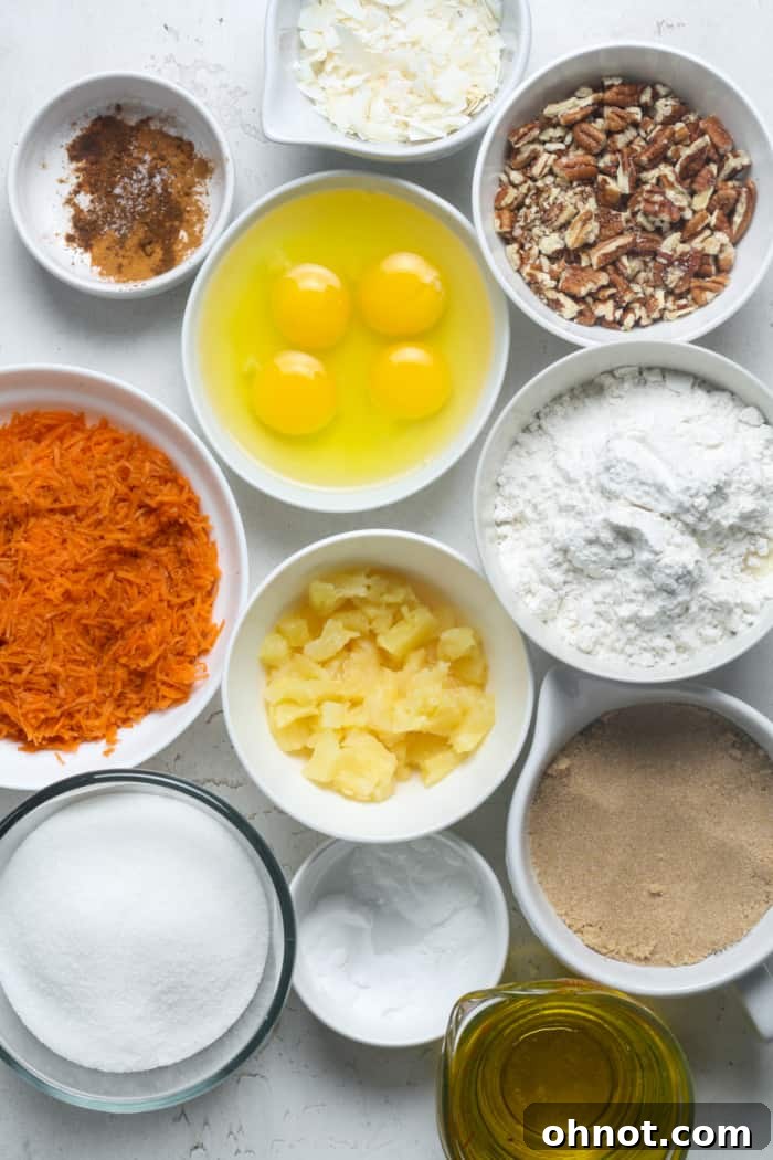 Various ingredients laid out for making gluten-free carrot cake.