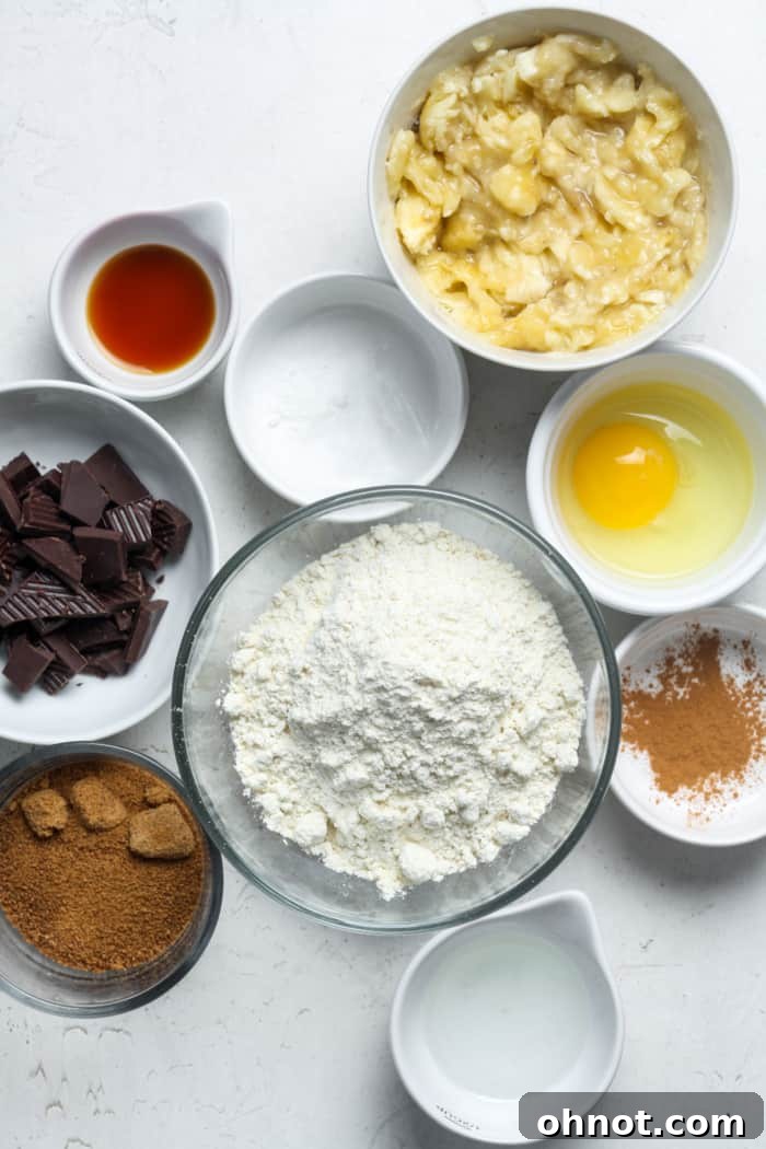 Ingredients for healthy banana bread laid out on a table.