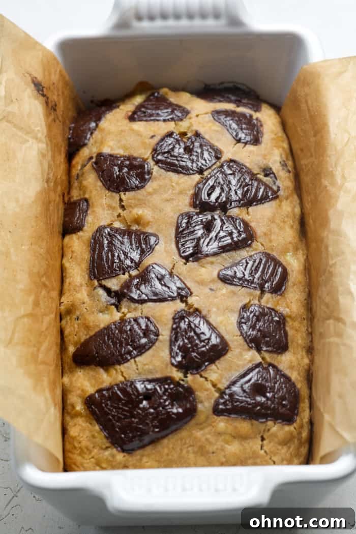 Freshly baked banana bread with chocolate chunks.