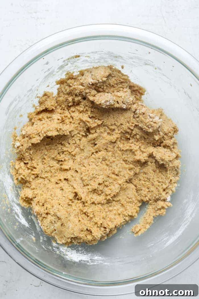 Well-mixed Paleo cookie dough in a mixing bowl.