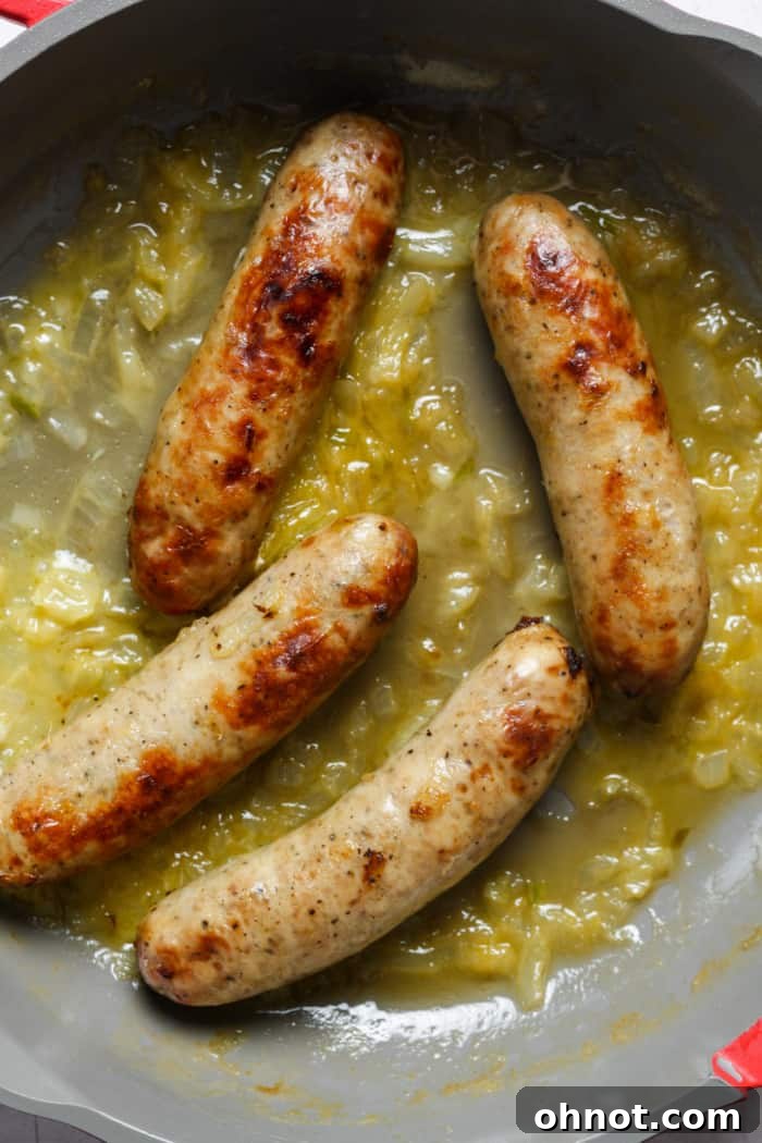 Delicious one-skillet Bratwurst recipe with caramelized onions.