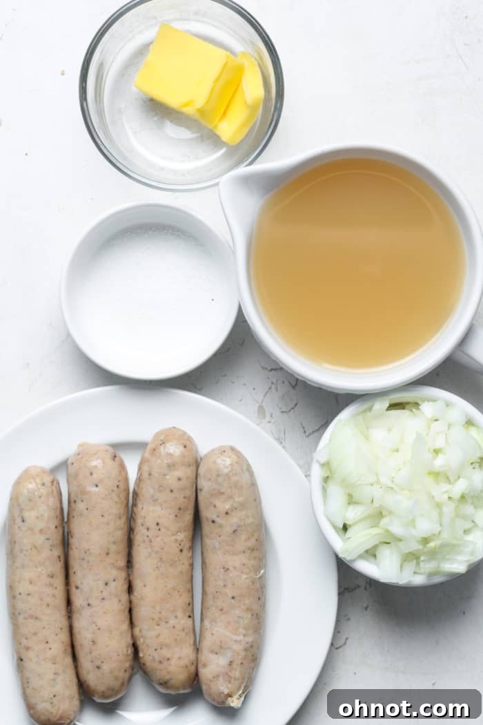 Essential ingredients for an easy Bratwurst recipe.