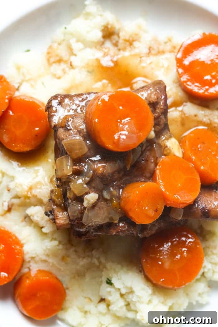 Instant Pot short ribs, showcasing the tender meat and rich sauce.