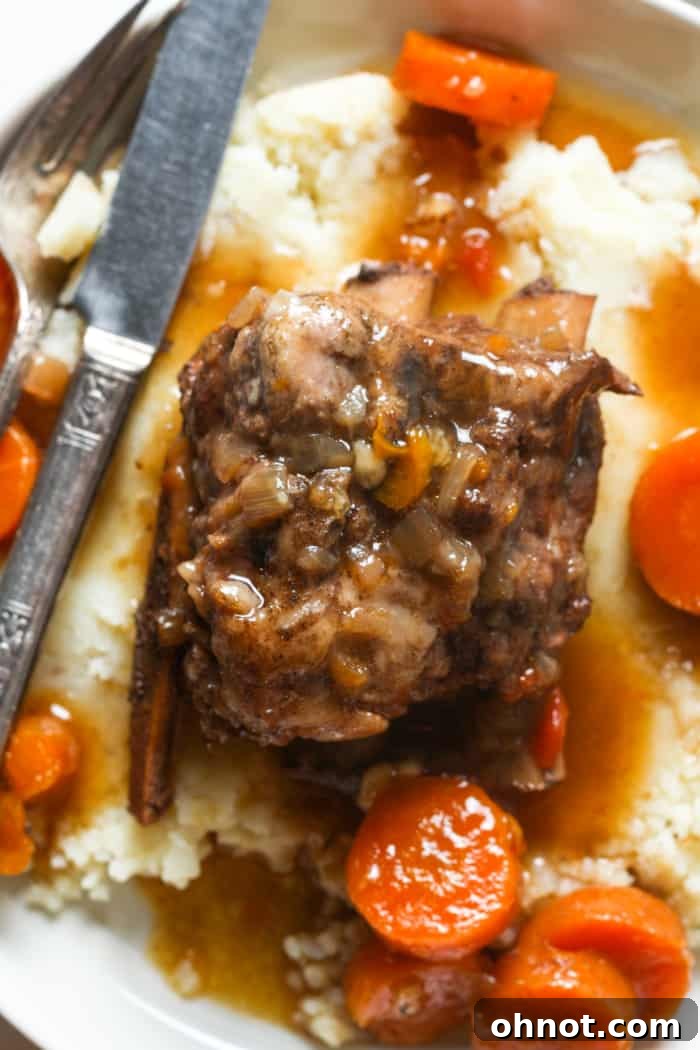 Close-up of tender short rib meat with carrots and sauce.