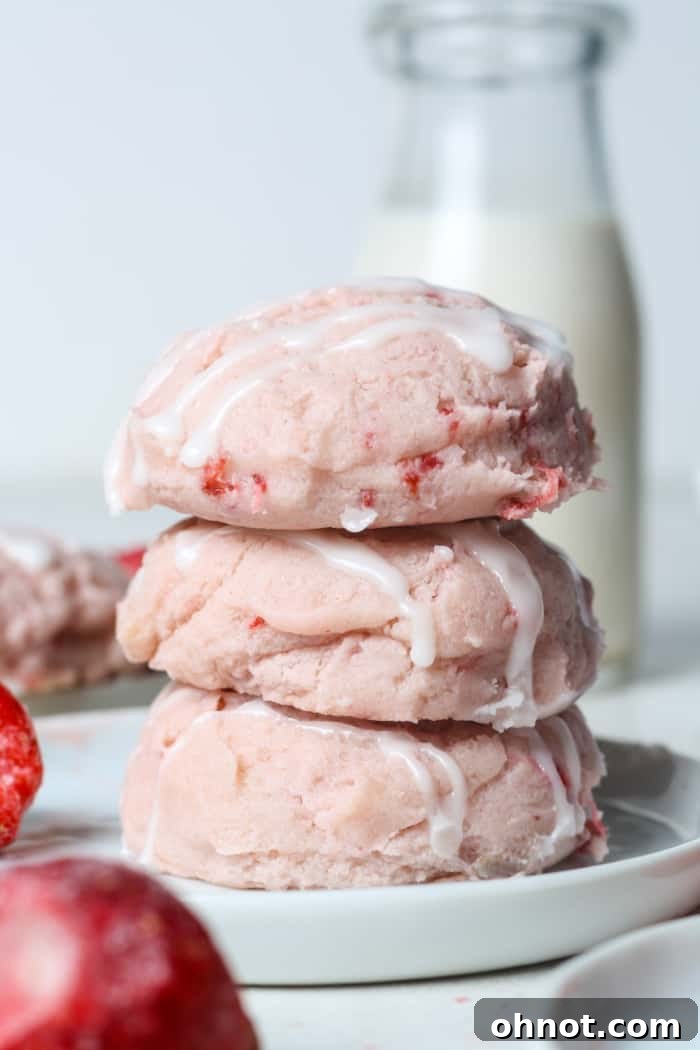 Stack of strawberry cookies with pink icing.