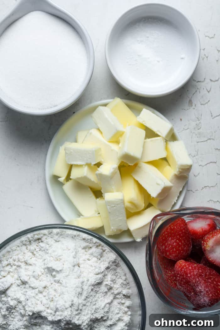 Ingredients laid out for strawberry cookies recipe.