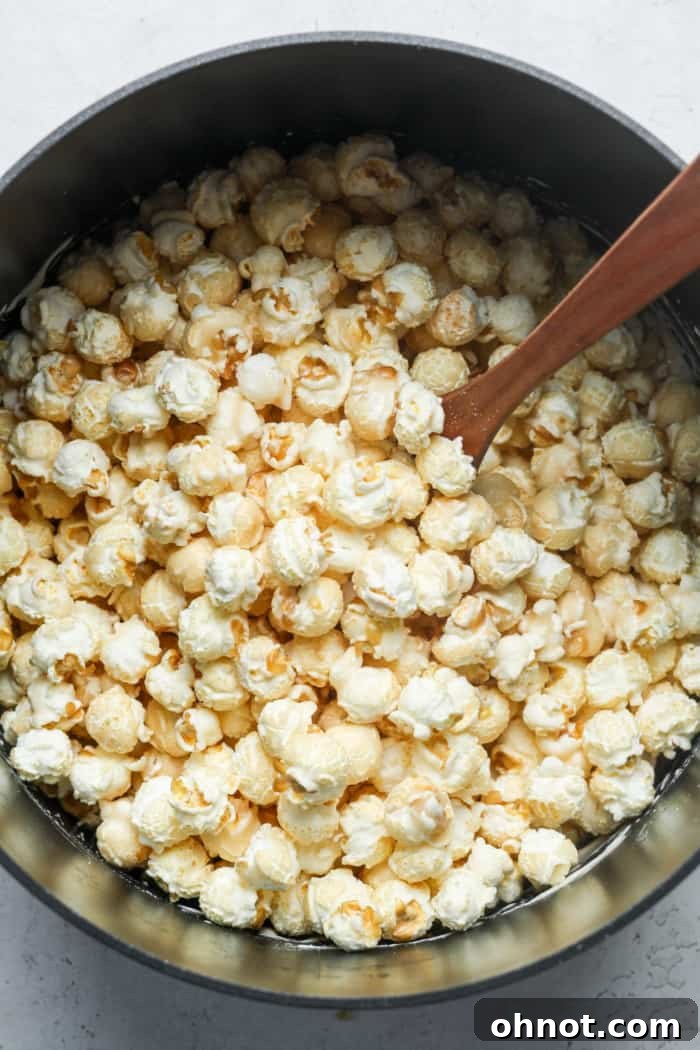 Freshly popped popcorn ready to be mixed into the marshmallow base.