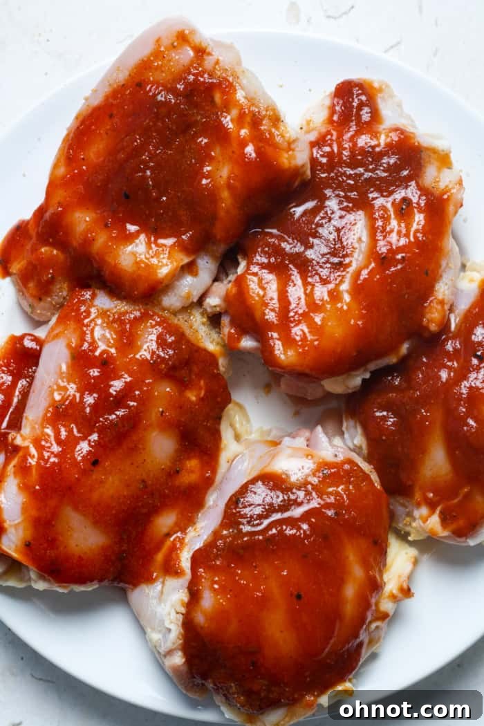 BBQ sauce being brushed onto chicken thighs.