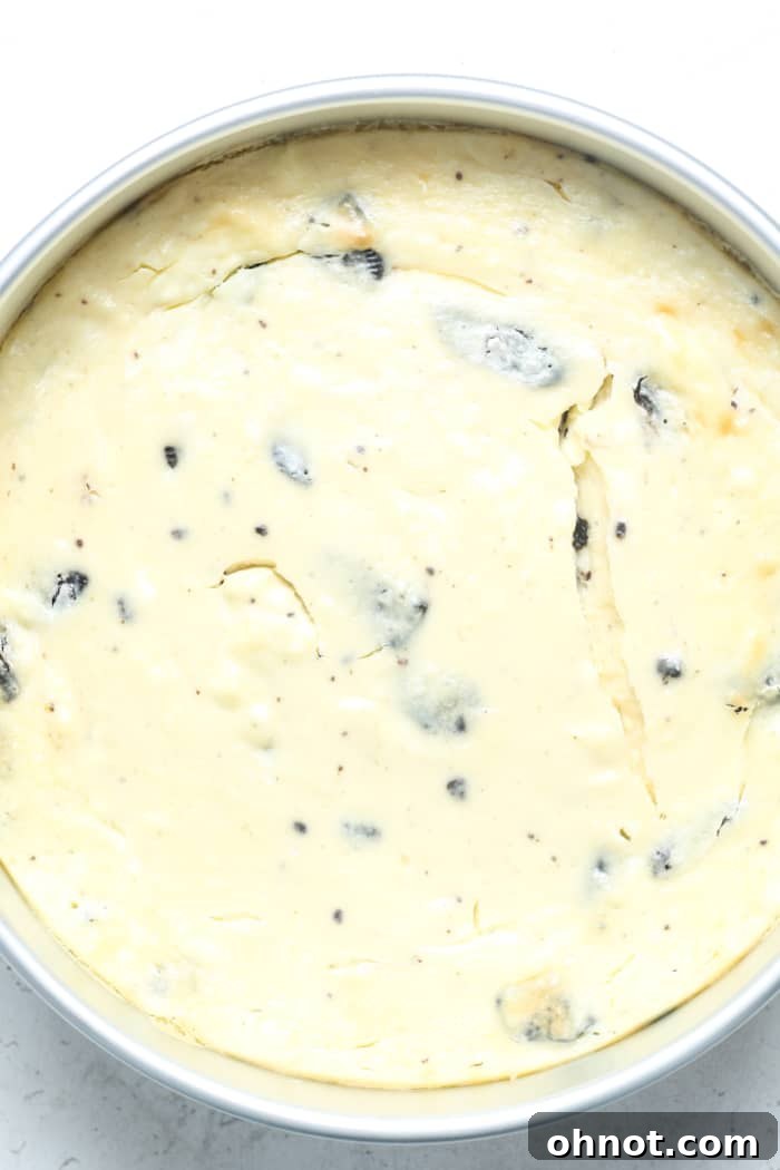 A perfectly baked Oreo cheesecake, golden brown at the edges and slightly jiggly in the center, fresh from the oven.
