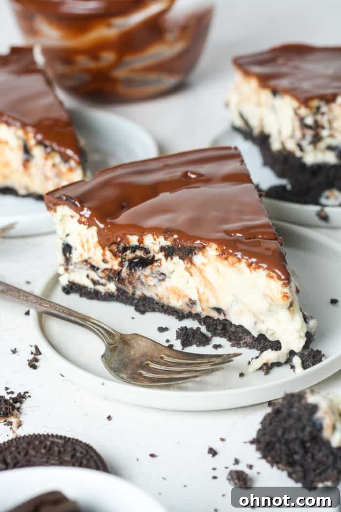 A delicious slice of gluten-free Oreo cheesecake, showcasing its perfect layers and creamy texture.