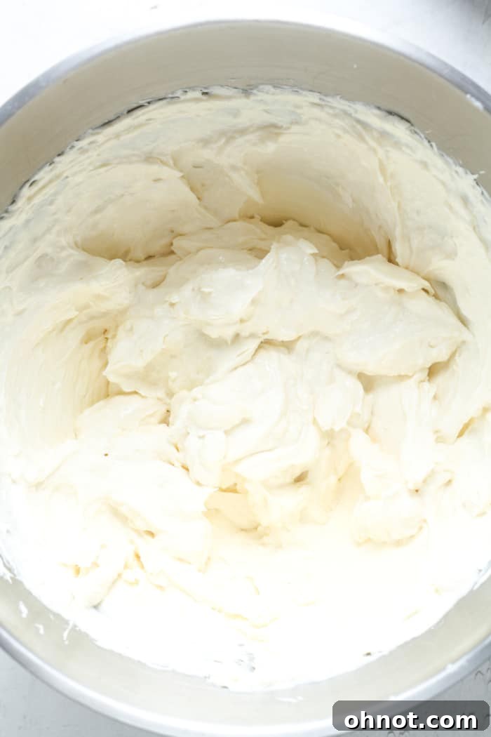 A creamy, smooth cheesecake mixture in a bowl, ready for the final ingredients.