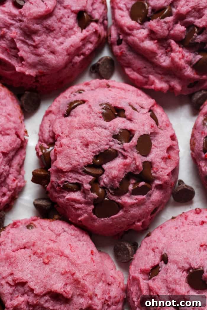 Freshly baked raspberry cookies on a baking sheet, showcasing their vibrant pink color and chocolate chips.