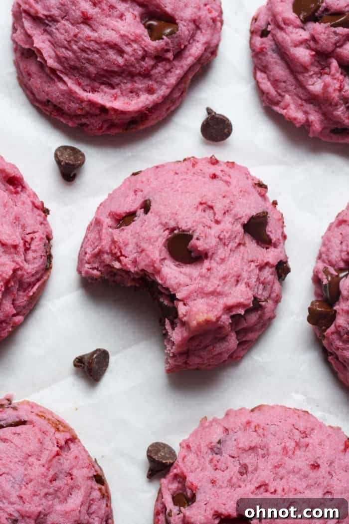 A raspberry cookie with a bite taken out, showing the soft interior and chocolate chips.