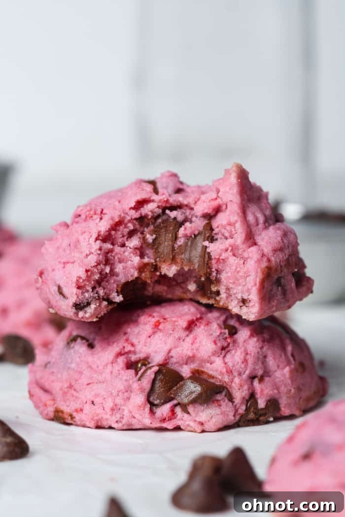 A stack of beautifully baked raspberry cookies.