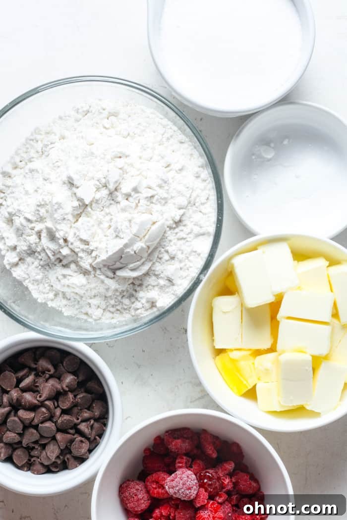 Various ingredients for raspberry cookies including frozen raspberries, butter, sugar, flour, and chocolate chips.