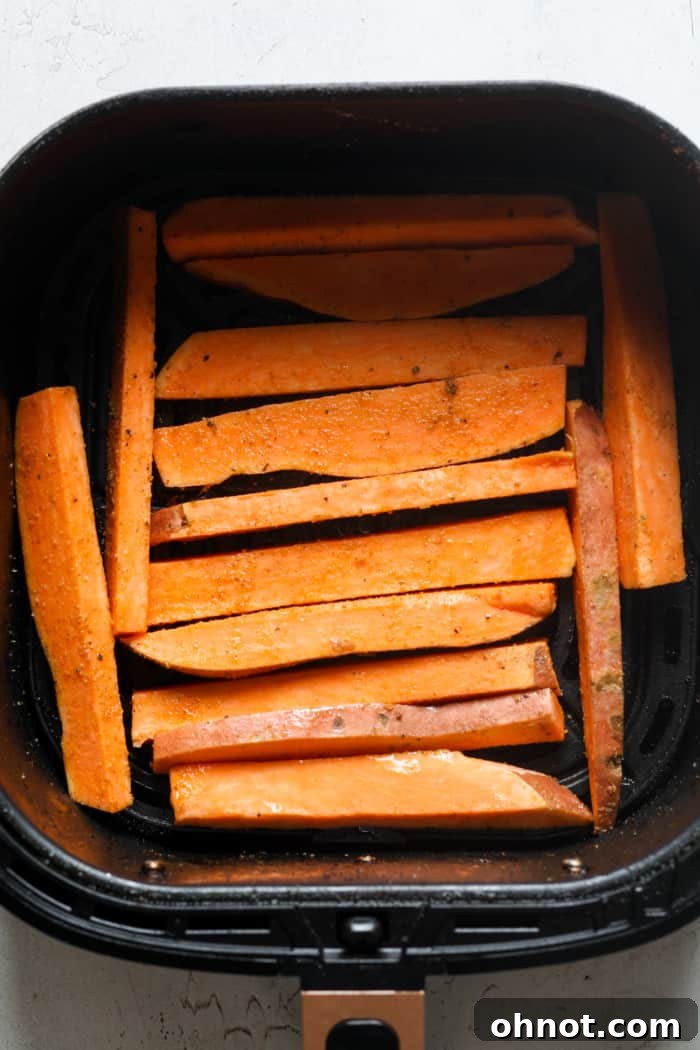 Air fryer basket loaded with sweet potato slices in a single layer.
