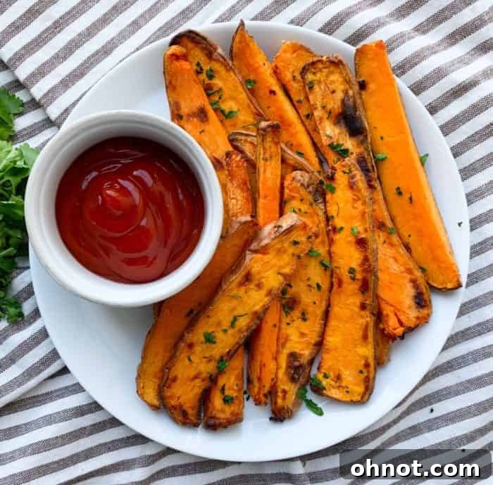 A pristine white plate holds a generous serving of perfectly golden sweet potato fries, accompanied by a small ramekin of vibrant ketchup.