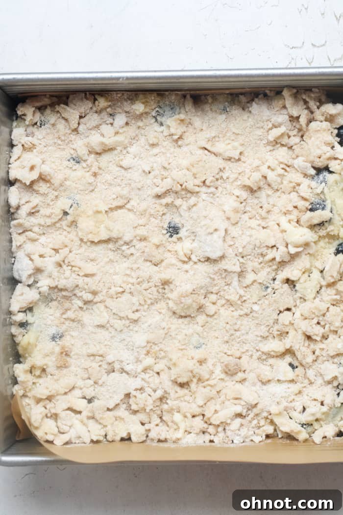 The streusel topping spread generously and evenly over the blueberry cake batter in the square baking pan, ready for the oven.