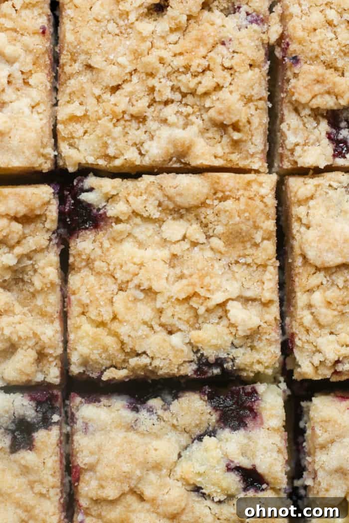 Perfectly sliced blueberry coffee cake on a wooden board, showcasing the moist interior, juicy blueberries, and golden streusel topping.