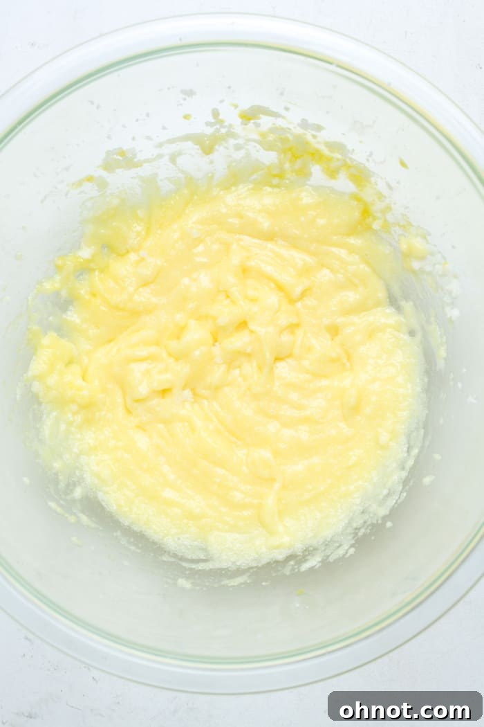 The mixing bowl now contains the creamed butter and sugar, with an egg, lemon extract, and milk added, ready to be combined.