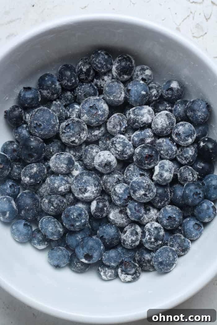 Fresh blueberries lightly coated in a dusting of flour in a small white bowl.