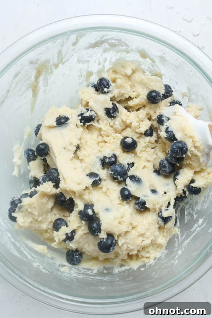 The thick coffee cake batter with floured fresh blueberries gently folded in, ready for baking.