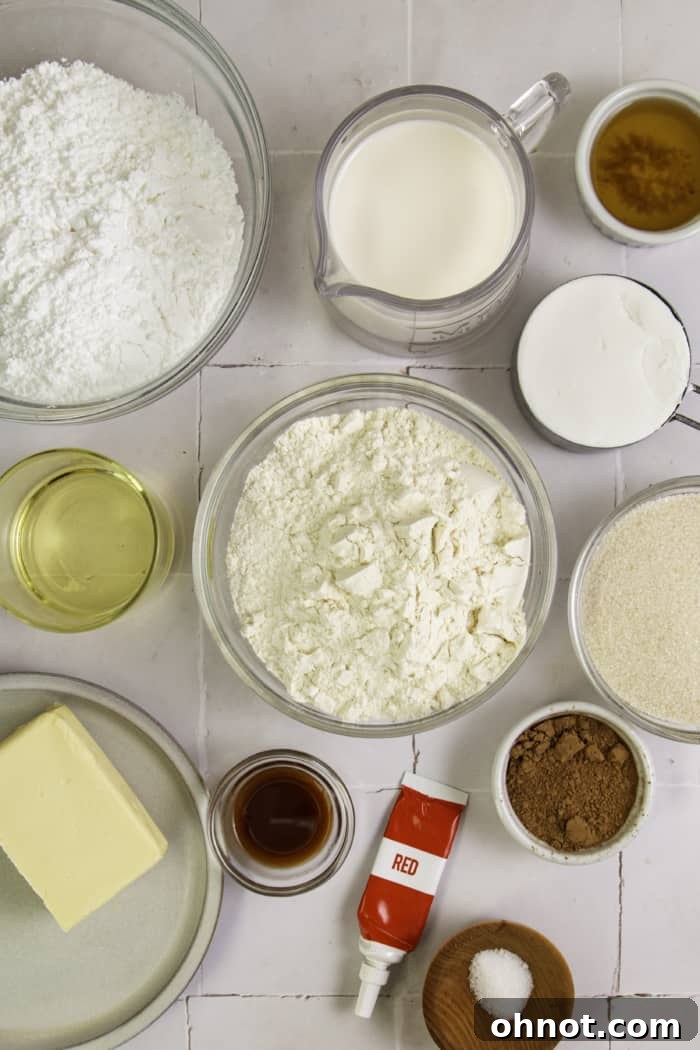 Ingredients for red velvet cupcakes.