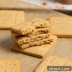 Close-up of a stack of golden, gluten-free graham crackers, showcasing their crisp texture and inviting appearance.