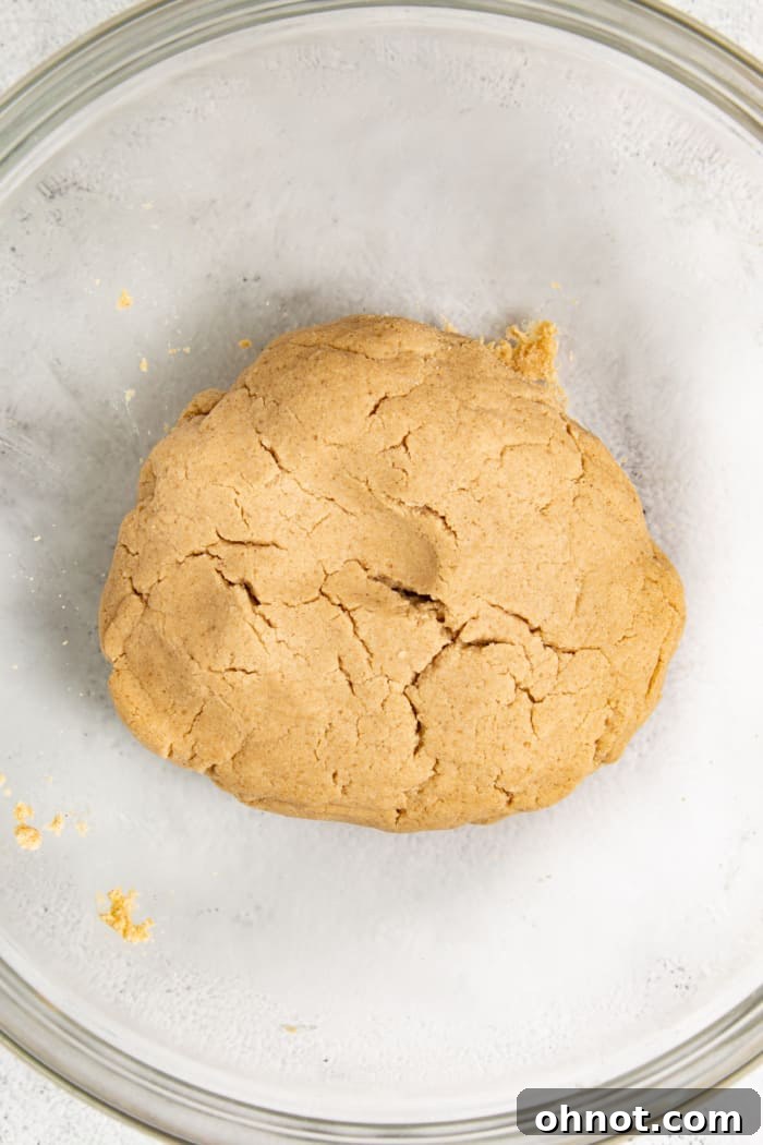The graham cracker dough formed into a ball in a mixing bowl, showcasing its readiness for rolling and shaping.