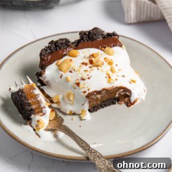 A complete no-bake chocolate peanut butter pie ready to be served.