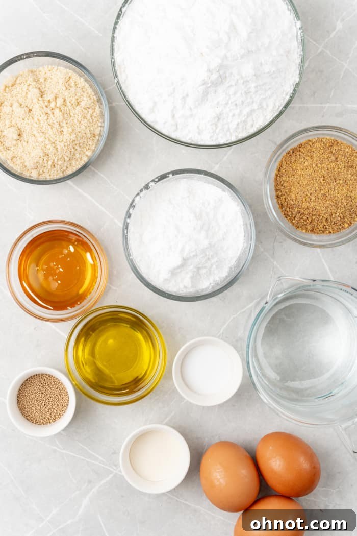 Various gluten-free bread ingredients laid out on a kitchen counter.