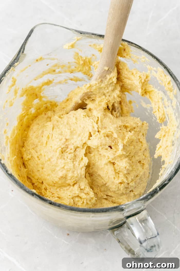 Sticky gluten-free bread batter in a mixing bowl.
