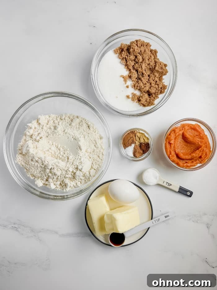 A selection of fresh ingredients for baking pumpkin spice cookies, including flour, sugar, and spices.