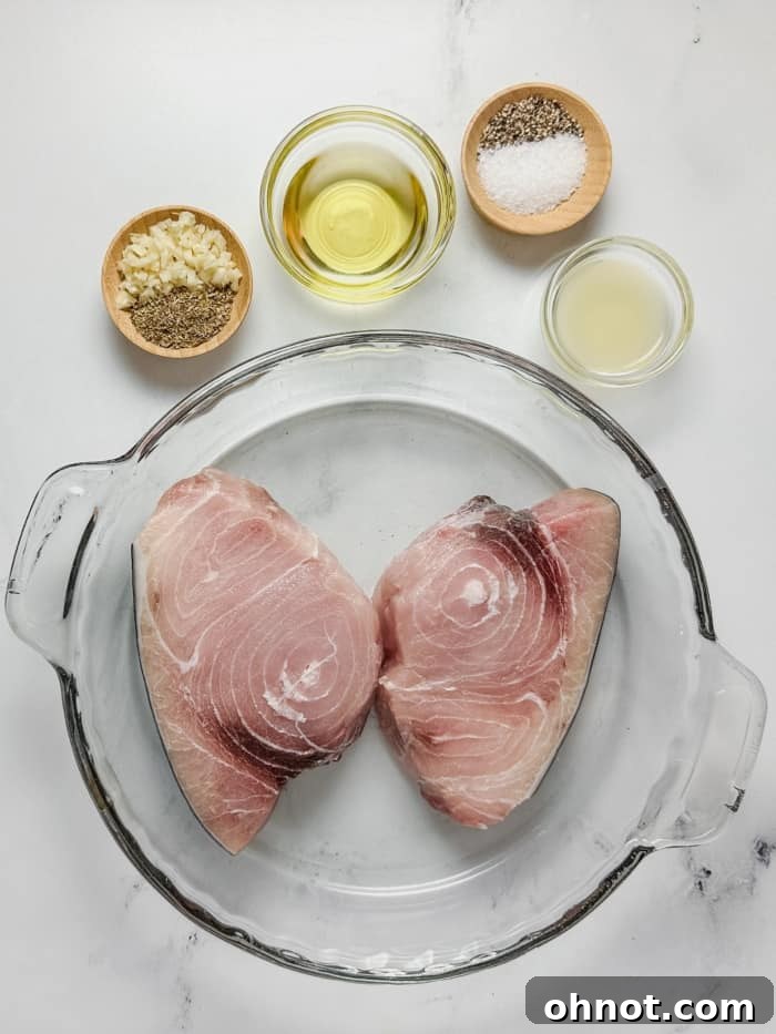Ingredients for swordfish marinade laid out on a table.