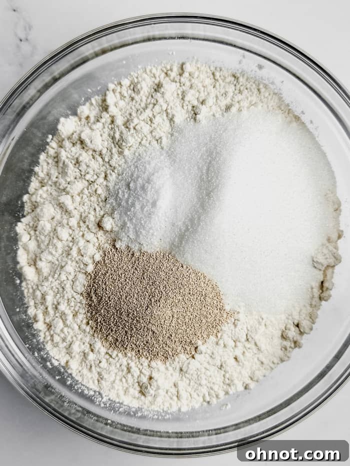 Dry ingredients for gluten-free buns: gluten-free flour, sugar, yeast, and salt in a mixing bowl.